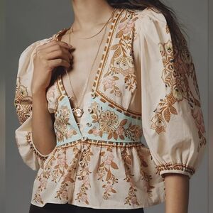 Farm Rio x Anthropologie Bubble-Sleeve V-Neck Peplum Top XL NWT